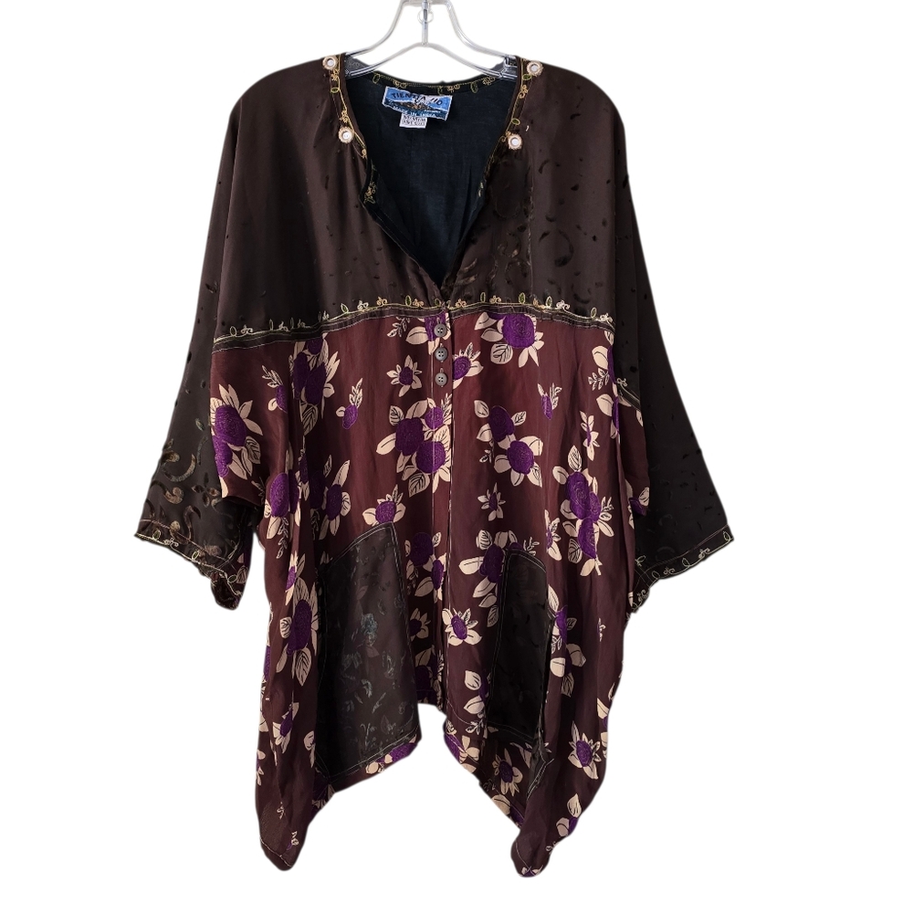 TIENDA HO Womens Floral Brown and Purple Kimono‎ Top Lagenlook One Size